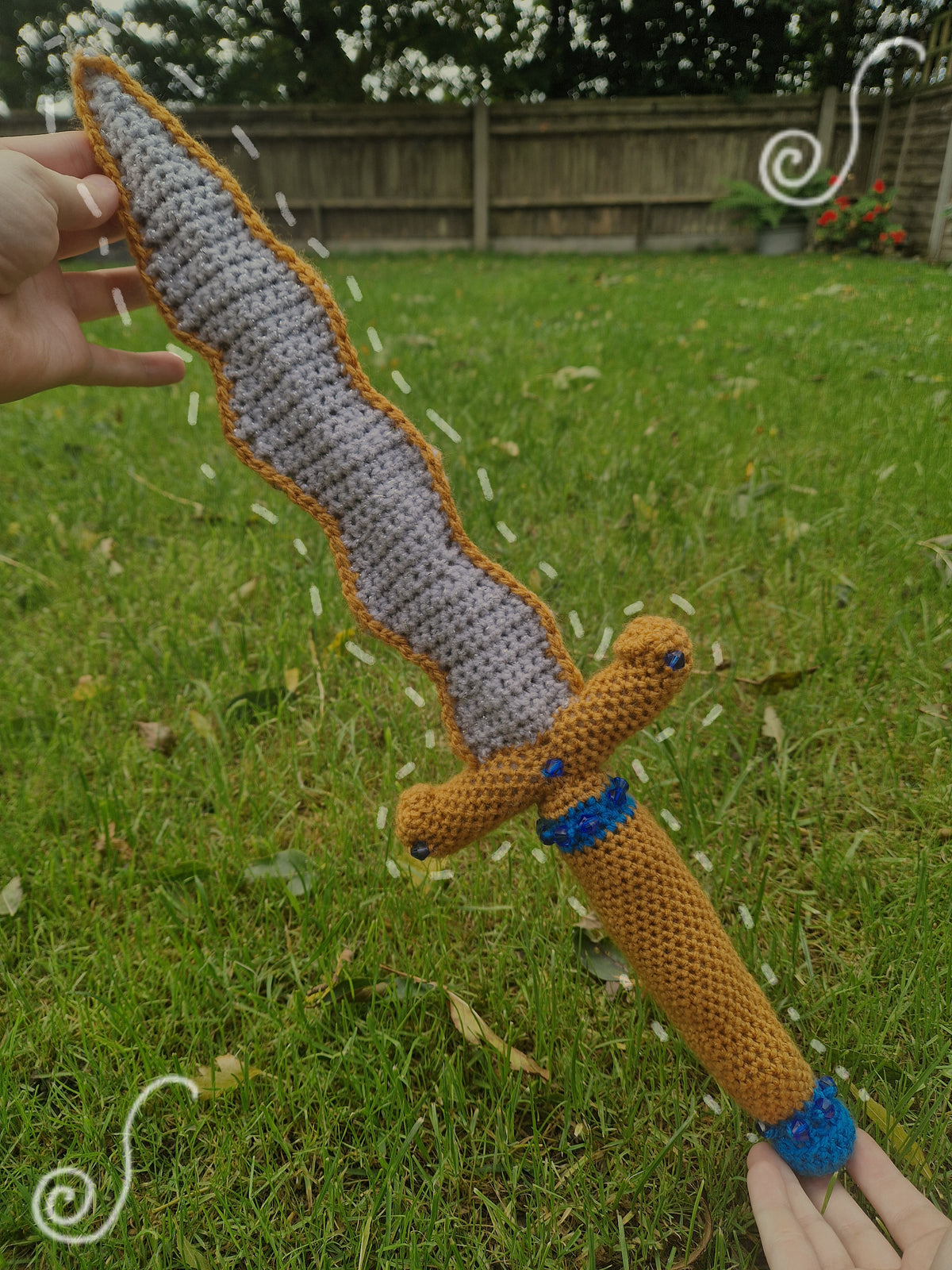 Crochet Dagger 'The Gilded Blade' - Gold, Grey and Blue Mounted