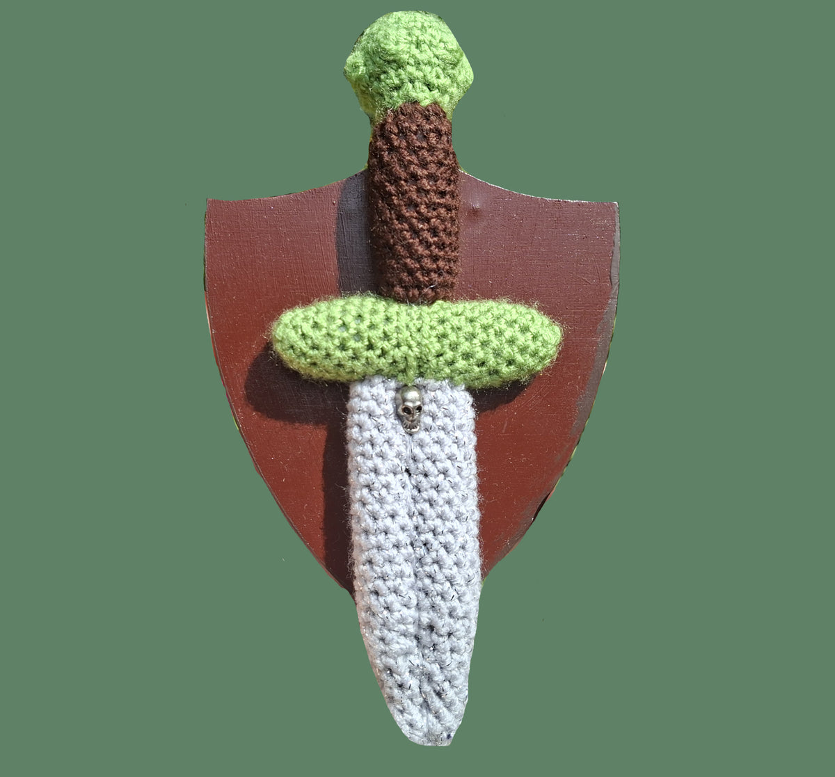 Crochet Mini Dagger Mounted On a Shield Green x Brown