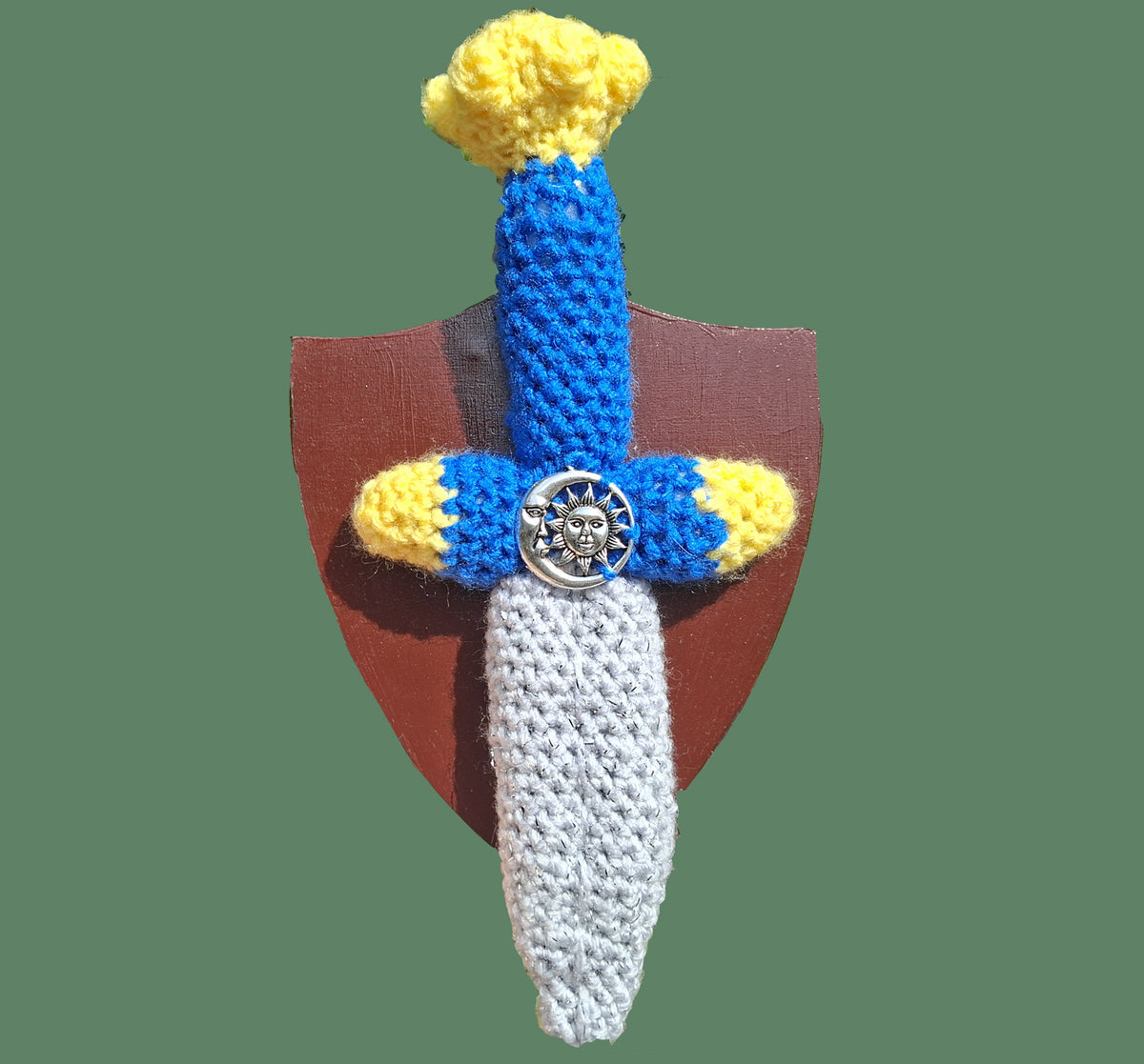 Crochet Mini Dagger Mounted On a Shield Blue x Yellow