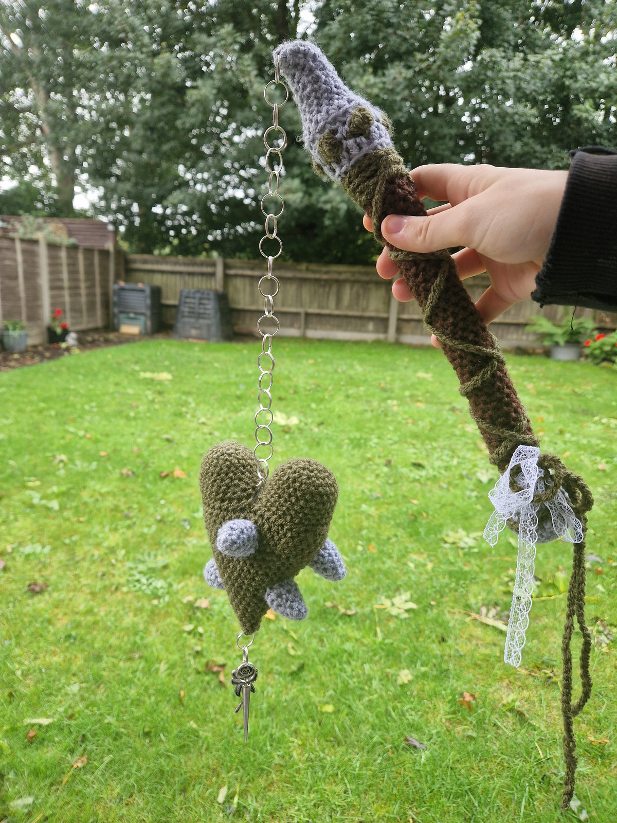 Crochet Heart Flail - 'Thorn heart'. Green & Grey Fae Theme Mounted