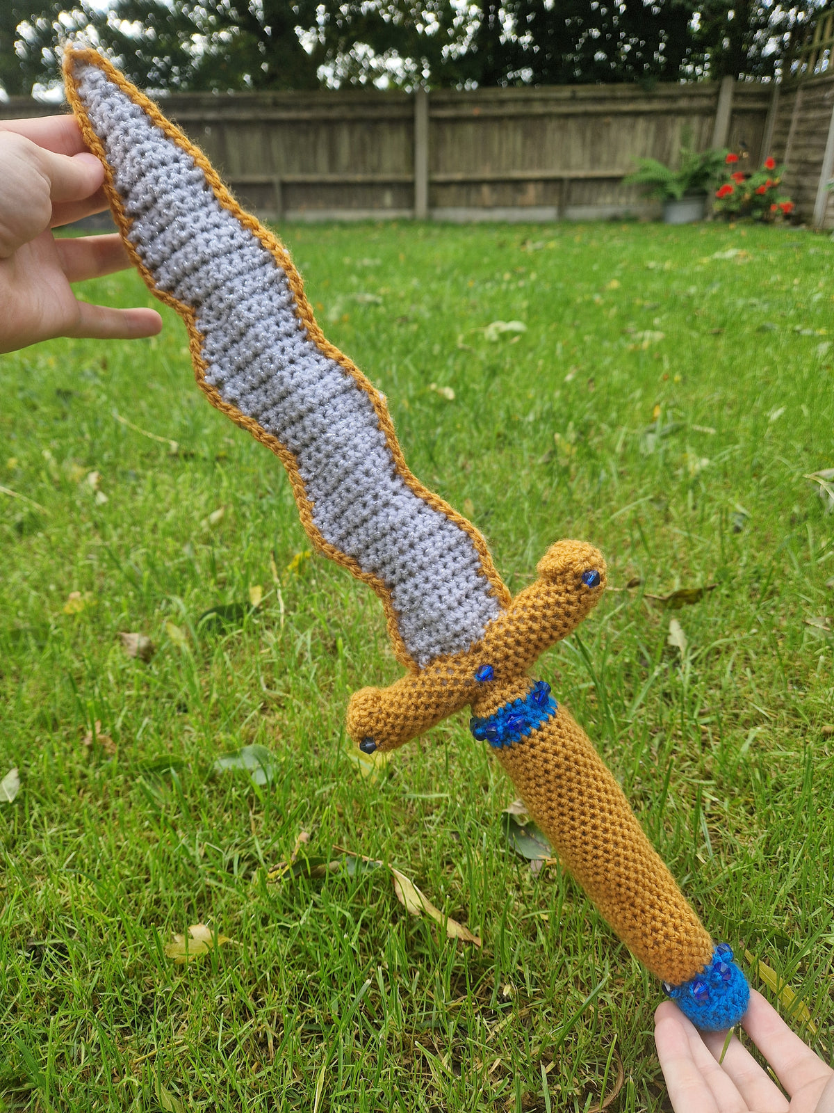 Crochet Dagger 'The Gilded Blade' - Gold, Grey and Blue Mounted