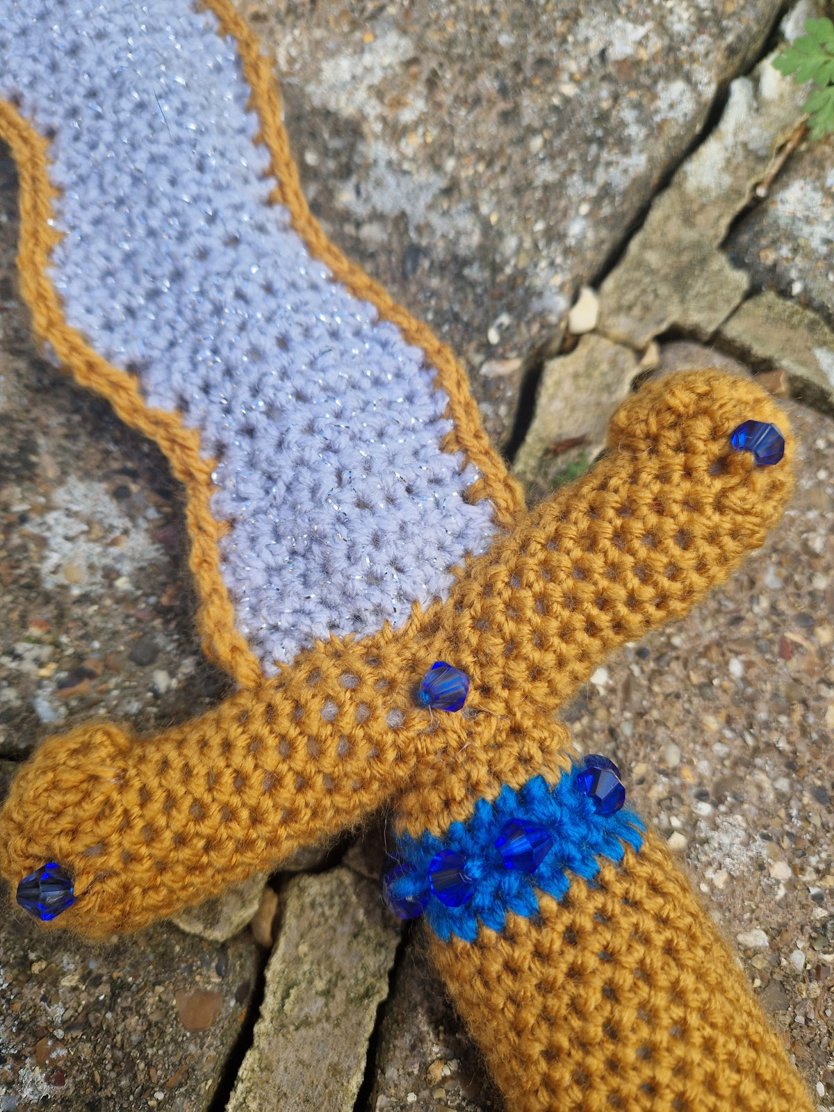 Crochet Dagger 'The Gilded Blade' - Gold, Grey and Blue Mounted