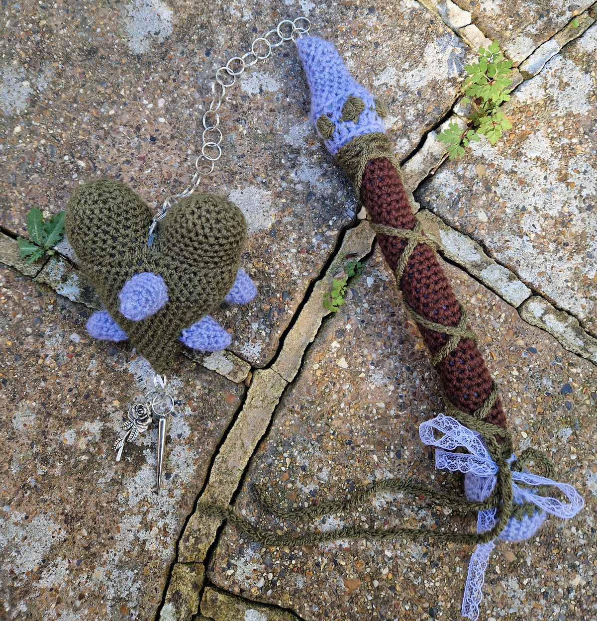 Crochet Heart Flail - 'Thorn heart'. Green & Grey Fae Theme Mounted