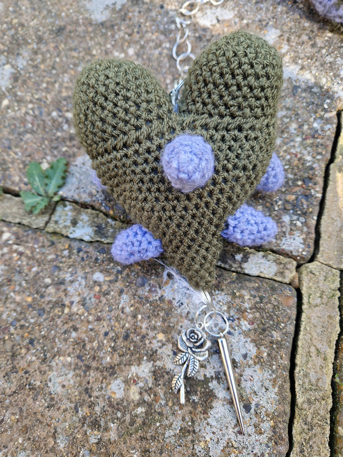 Crochet Heart Flail - 'Thorn heart'. Green & Grey Fae Theme Mounted