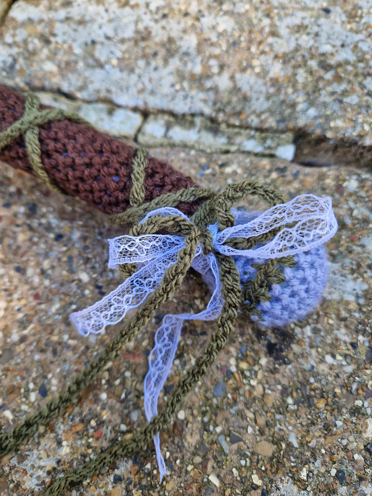 Crochet Heart Flail - 'Thorn heart'. Green & Grey Fae Theme Mounted