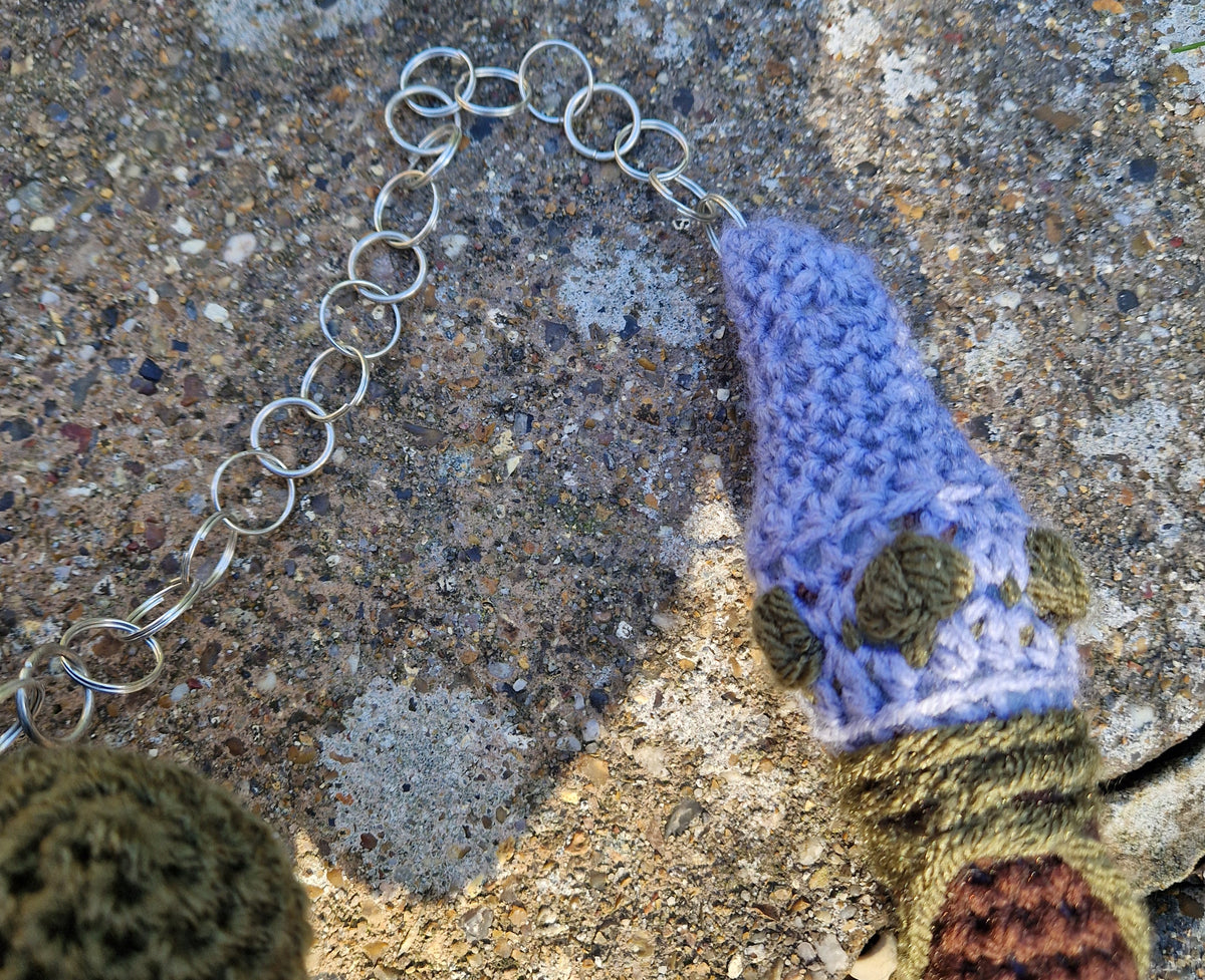 Crochet Heart Flail - 'Thorn heart'. Green & Grey Fae Theme Mounted