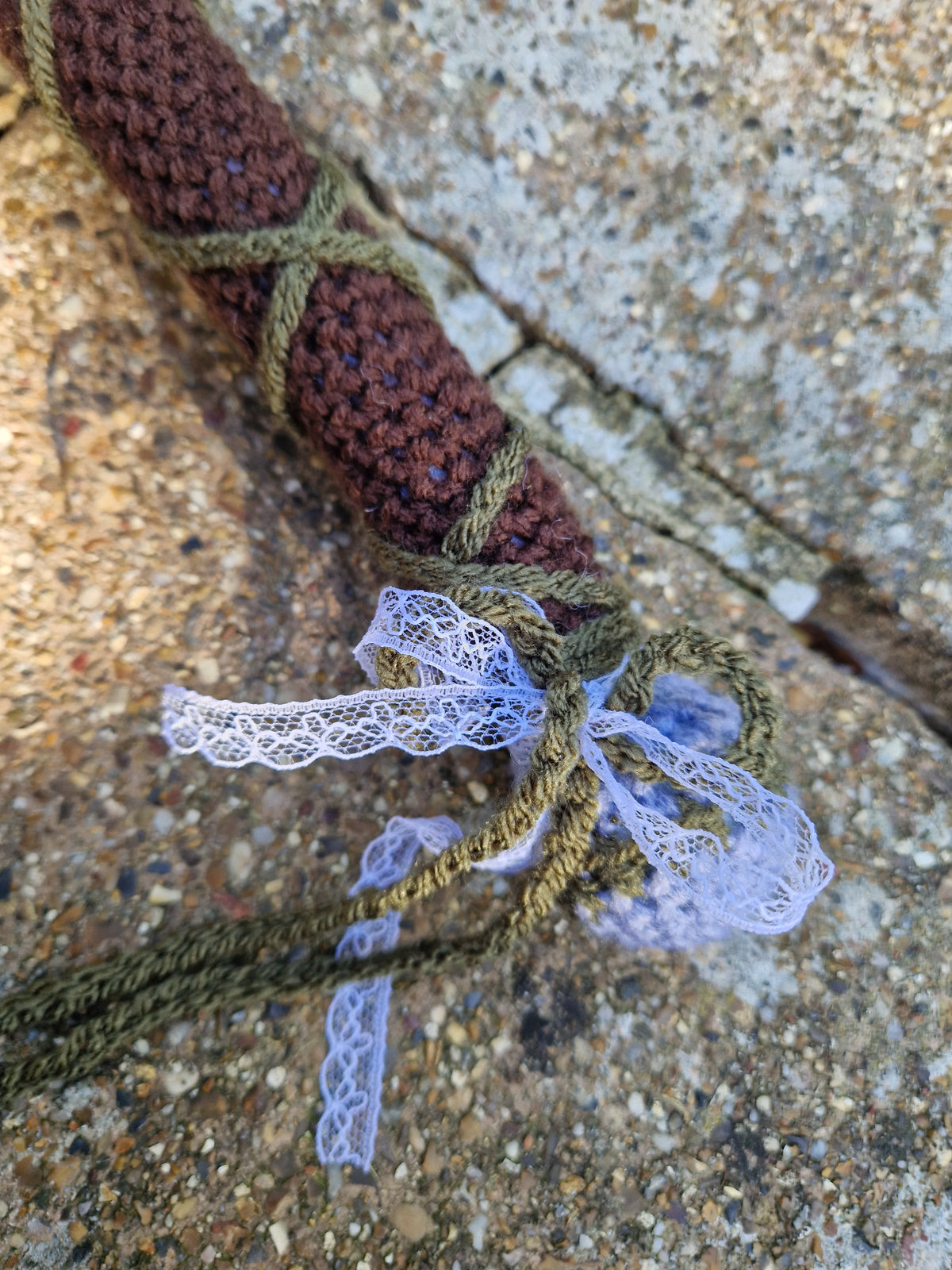Crochet Heart Flail - 'Thorn heart'. Green & Grey Fae Theme Mounted
