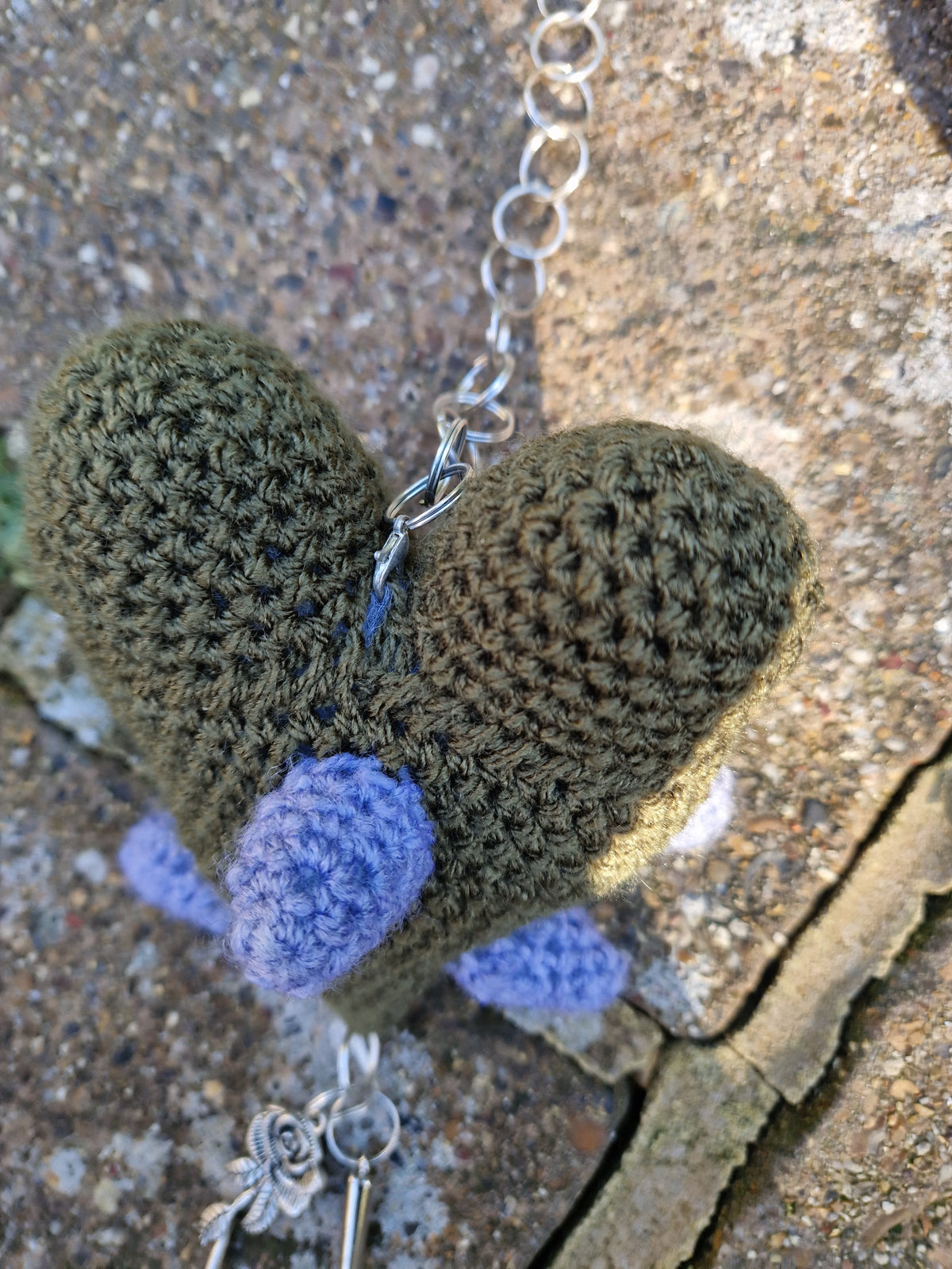 Crochet Heart Flail - 'Thorn heart'. Green & Grey Fae Theme Mounted