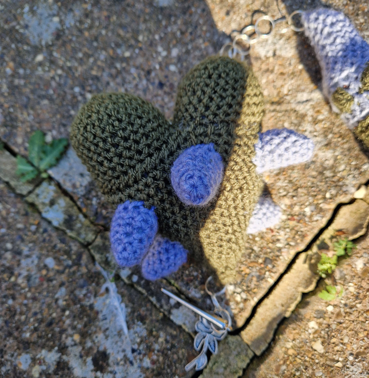 Crochet Heart Flail - 'Thorn heart'. Green & Grey Fae Theme Mounted