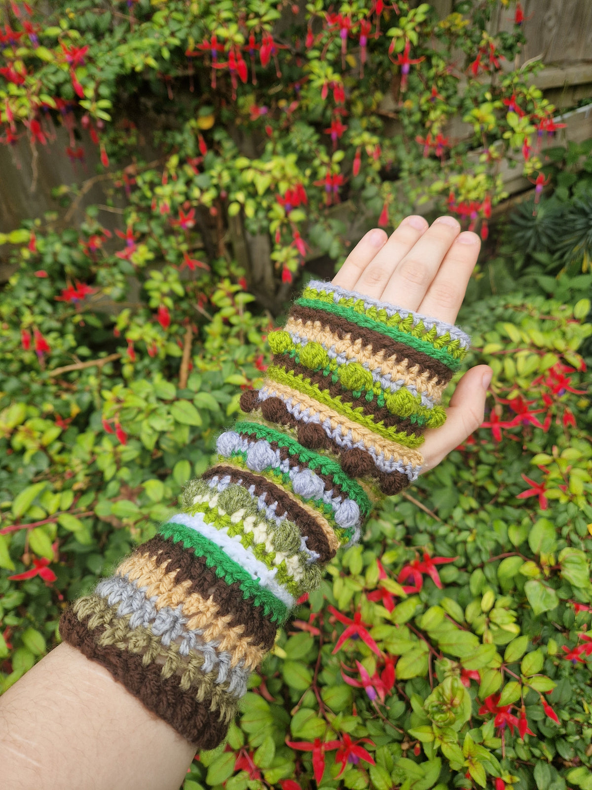 Crochet Handwarmers/fingerless gloves Green x Browns OOAK