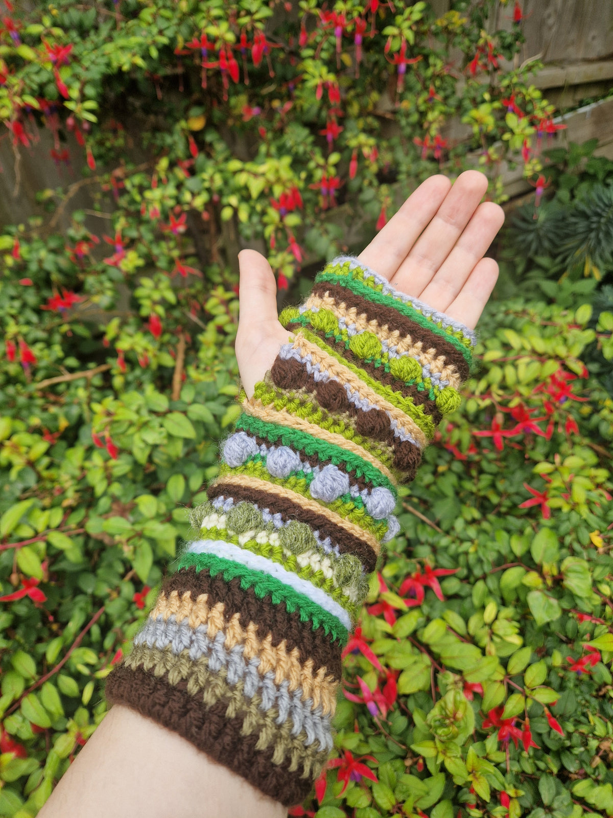Crochet Handwarmers/fingerless gloves Green x Browns OOAK