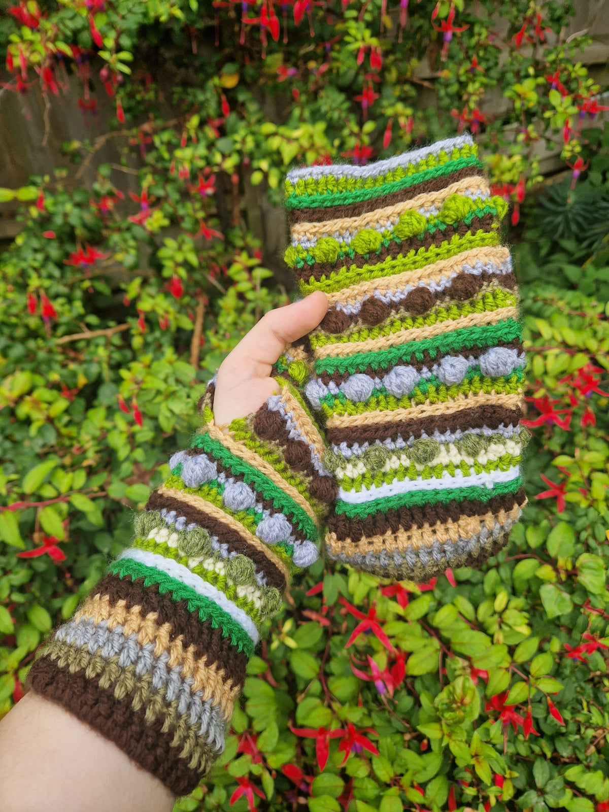 Crochet Handwarmers/fingerless gloves Green x Browns OOAK