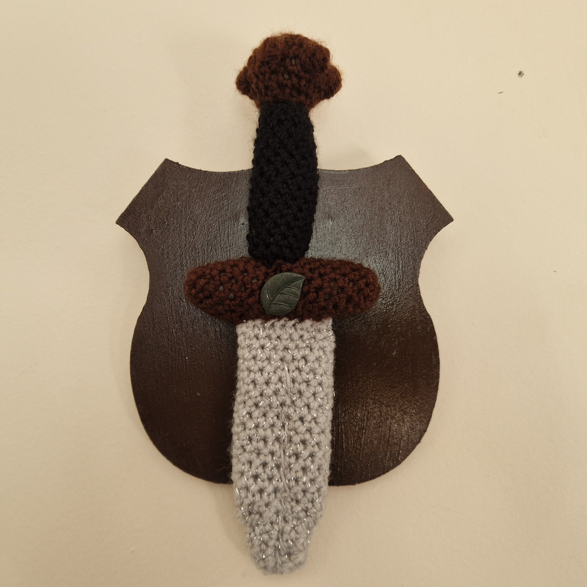 Crochet Mini Dagger Mounted On Shield With Leaf Button