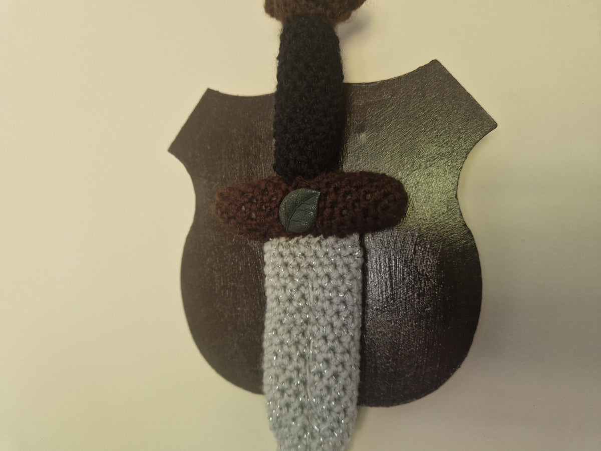 Crochet Mini Dagger Mounted On Shield With Leaf Button