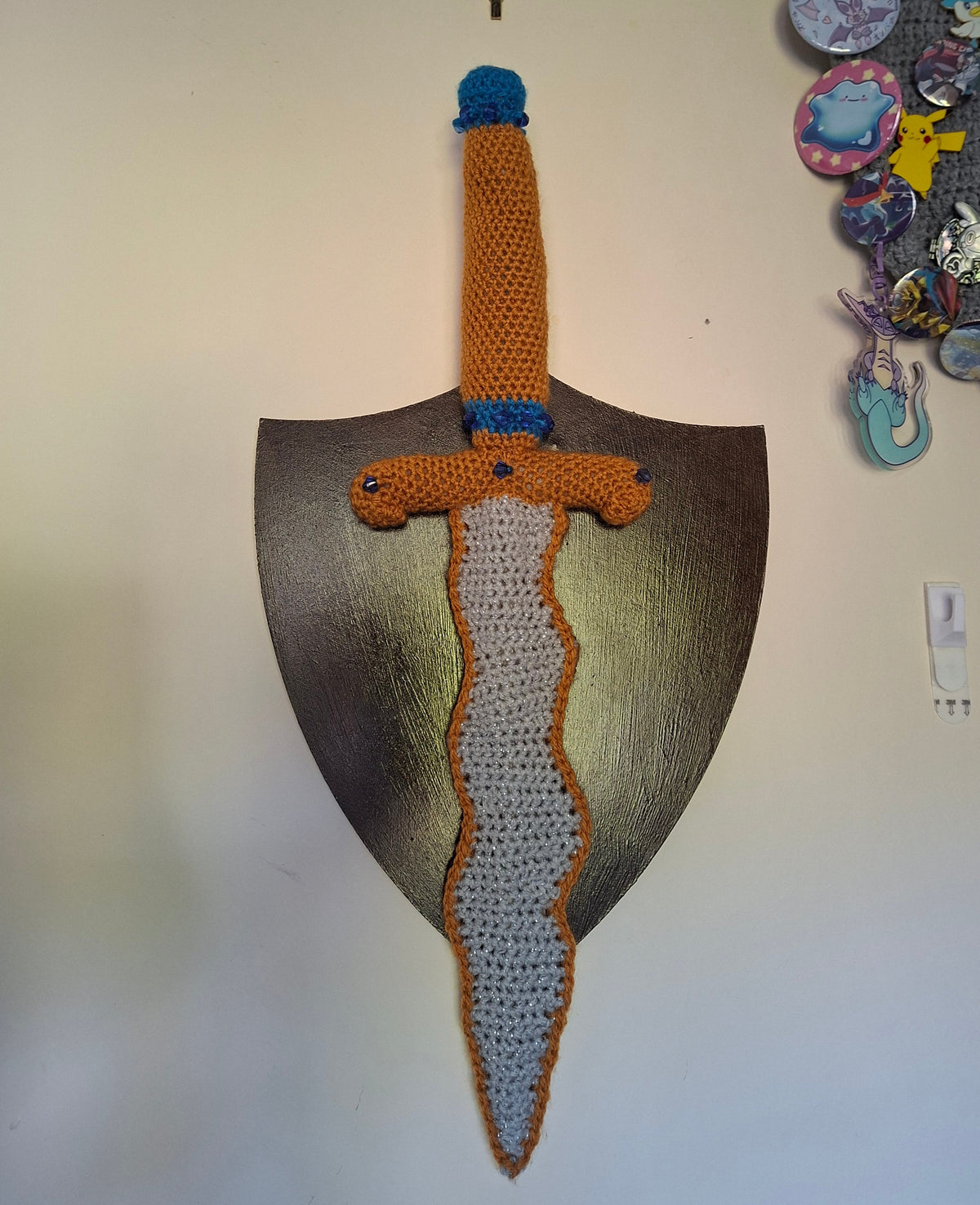 Crochet Dagger 'The Gilded Blade' - Gold, Grey and Blue Mounted