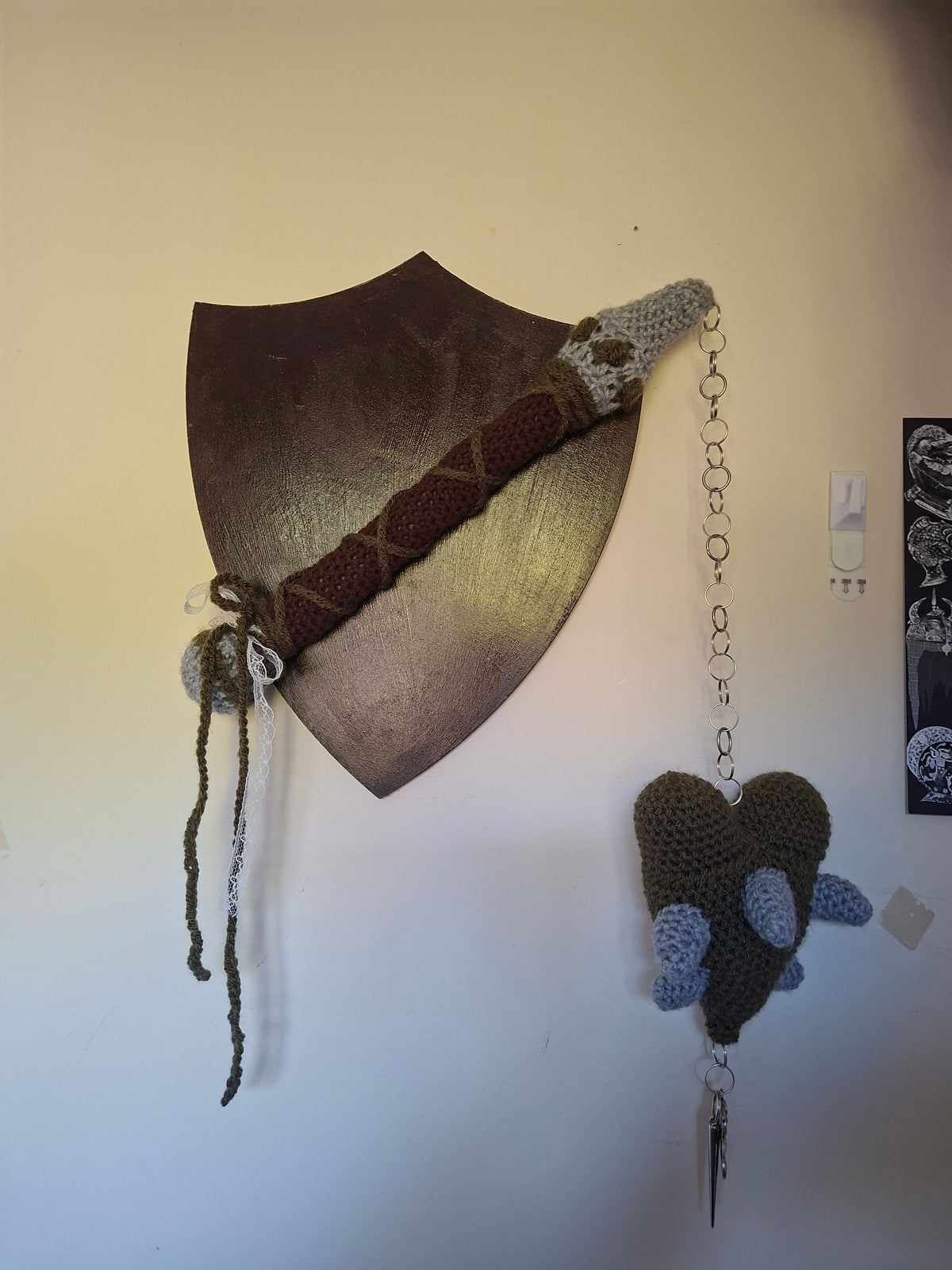 Crochet Heart Flail - 'Thorn heart'. Green & Grey Fae Theme Mounted