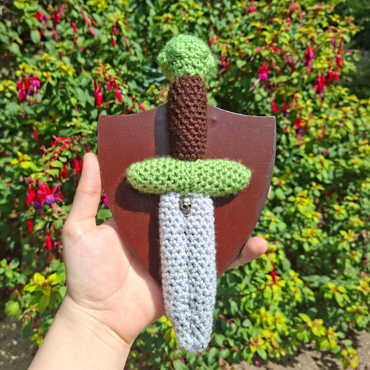 Crochet Mini Dagger Mounted On a Shield Green x Brown