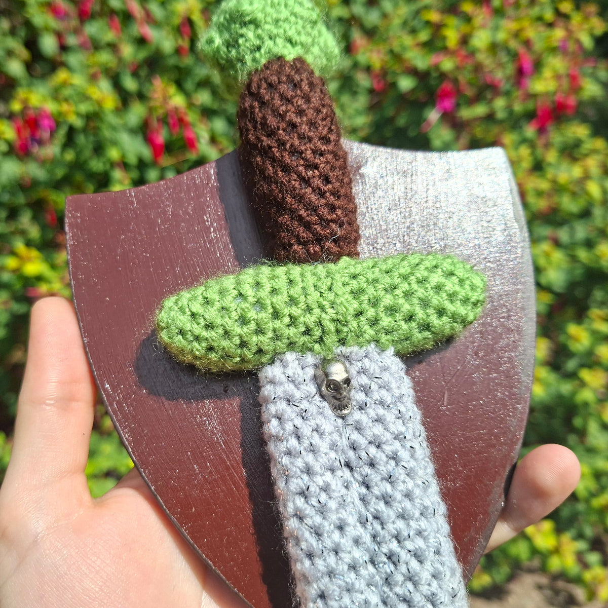Crochet Mini Dagger Mounted On a Shield Green x Brown