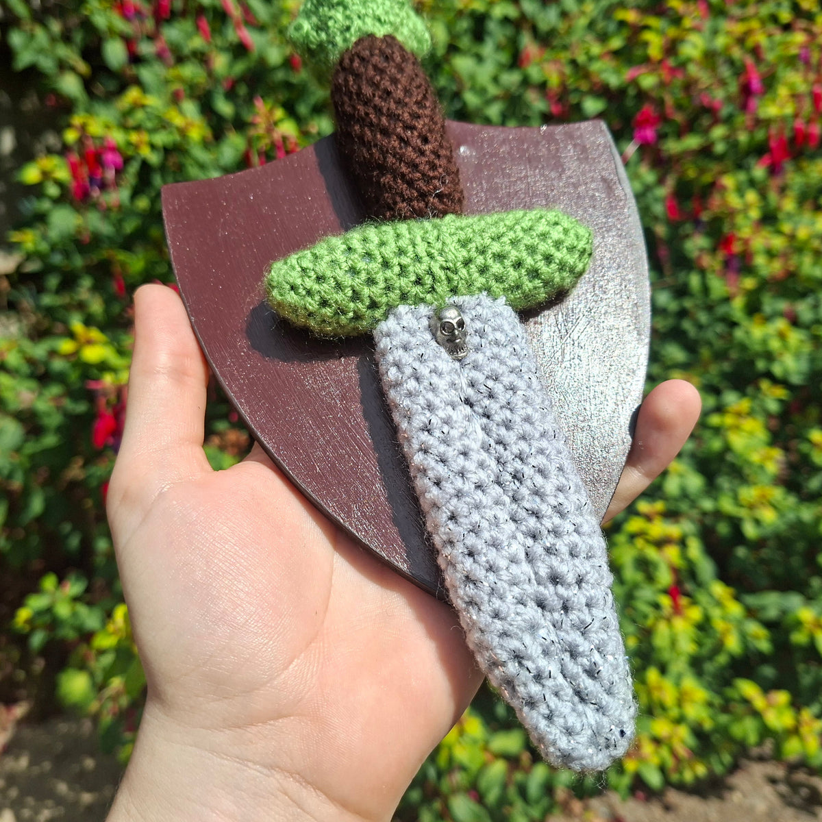 Crochet Mini Dagger Mounted On a Shield Green x Brown