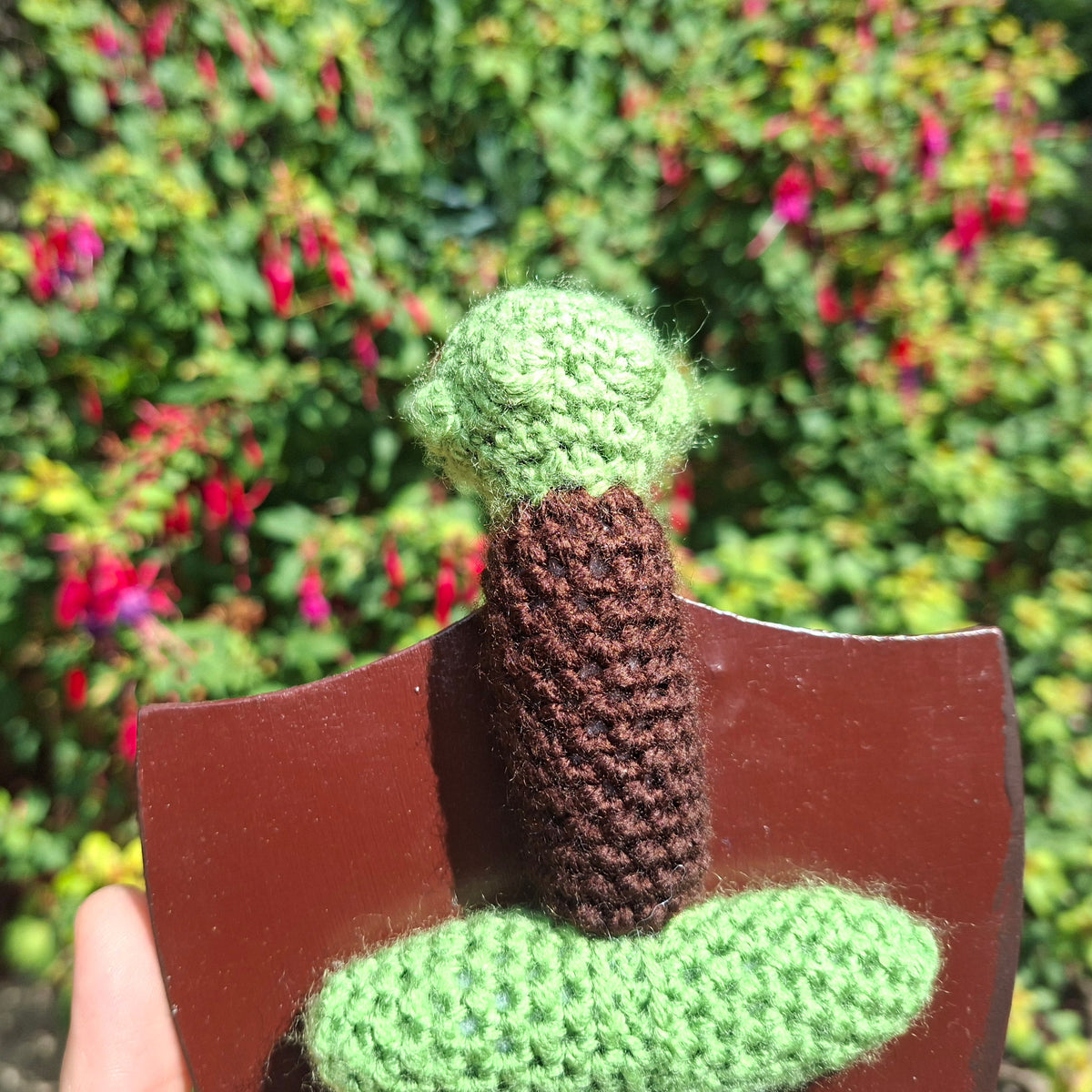 Crochet Mini Dagger Mounted On a Shield Green x Brown