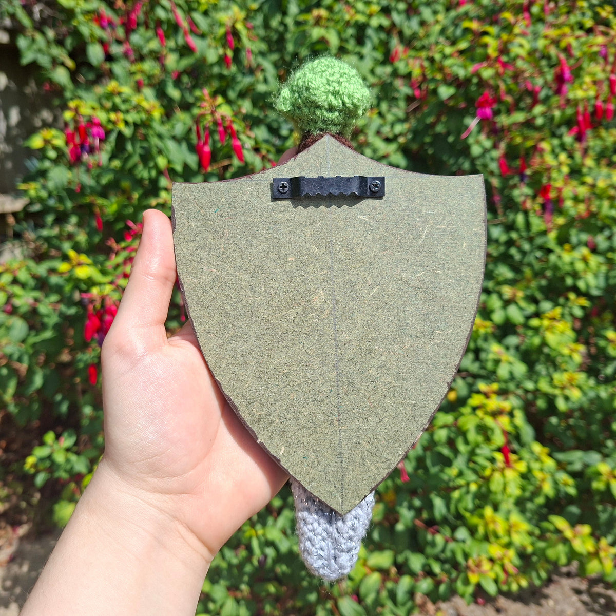 Crochet Mini Dagger Mounted On a Shield Green x Brown