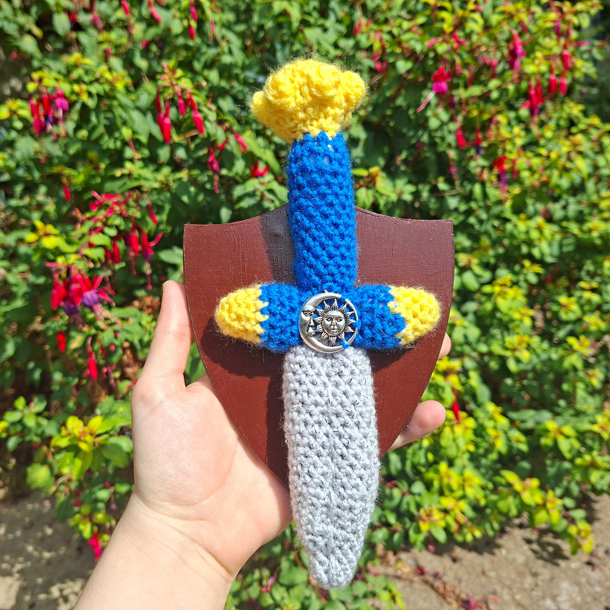 Crochet Mini Dagger Mounted On a Shield Blue x Yellow