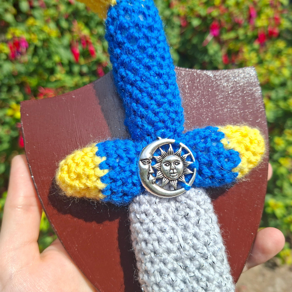 Crochet Mini Dagger Mounted On a Shield Blue x Yellow