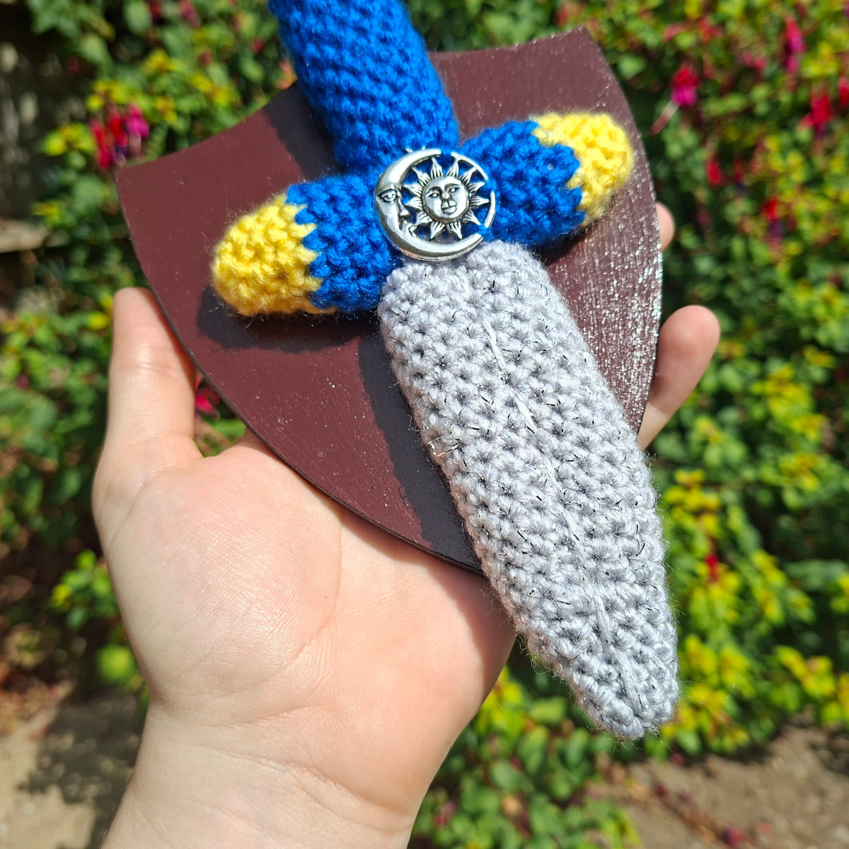 Crochet Mini Dagger Mounted On a Shield Blue x Yellow