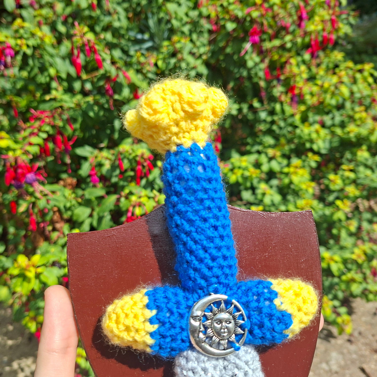 Crochet Mini Dagger Mounted On a Shield Blue x Yellow