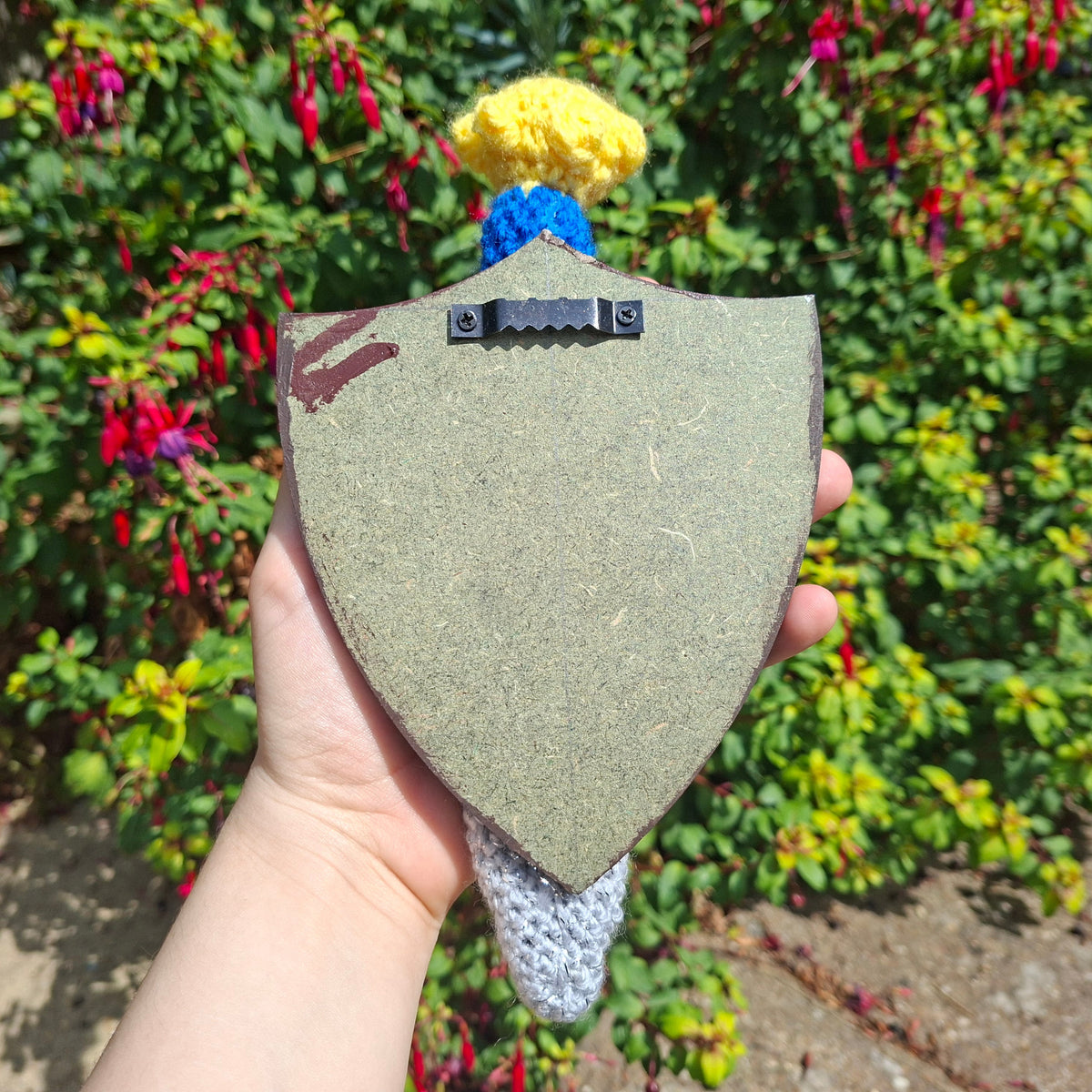 Crochet Mini Dagger Mounted On a Shield Blue x Yellow