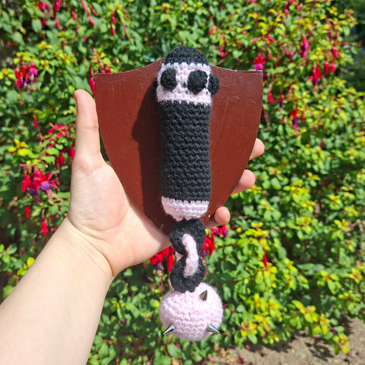 Crochet Mini Flail Mounted On a Shield Pink x Black