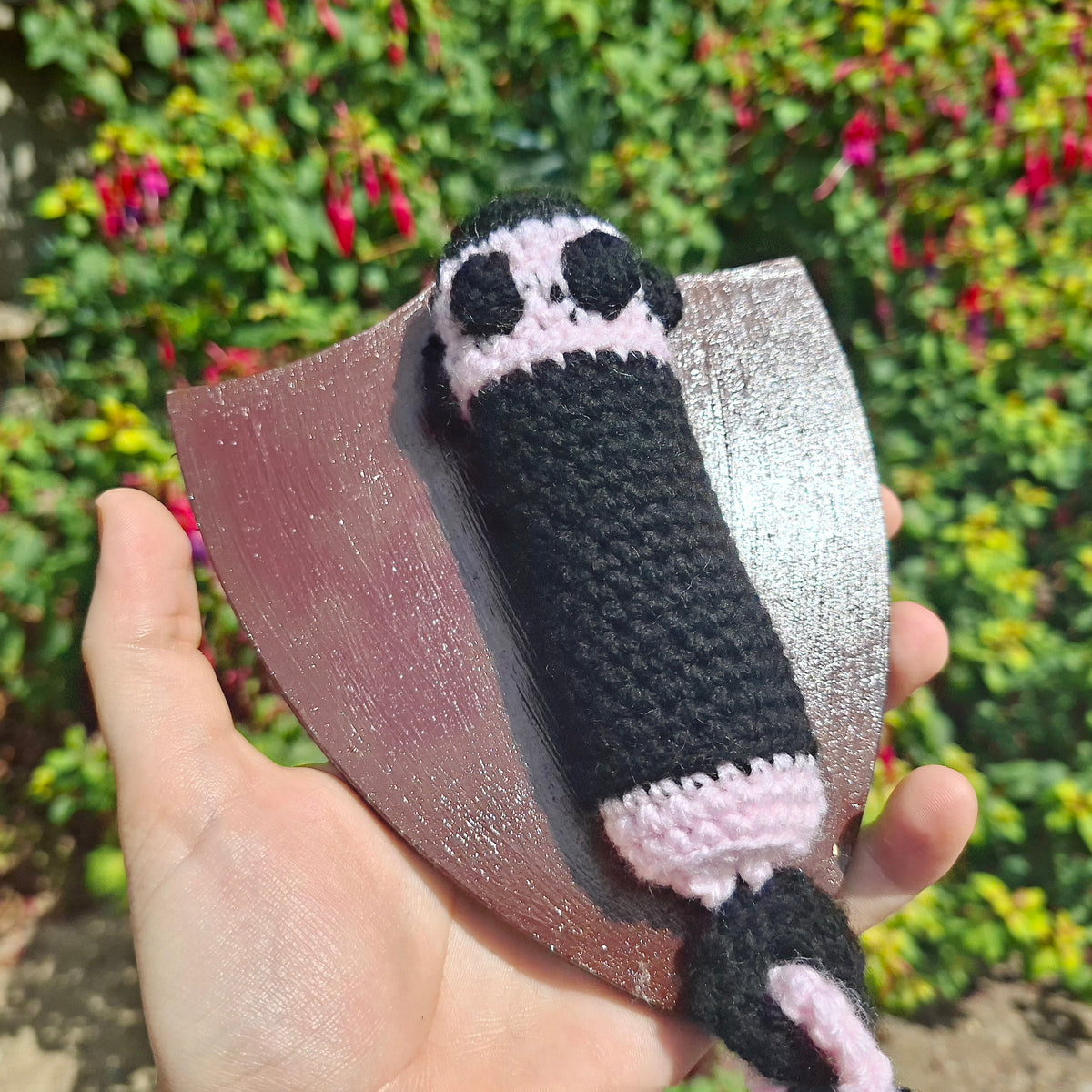 Crochet Mini Flail Mounted On a Shield Pink x Black