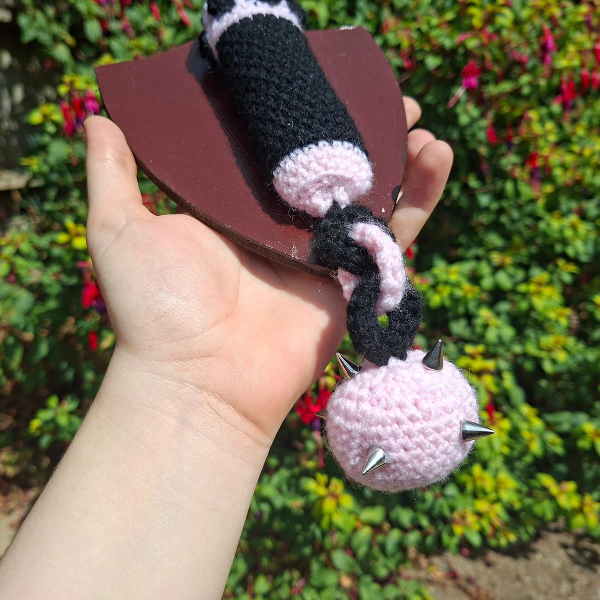 Crochet Mini Flail Mounted On a Shield Pink x Black