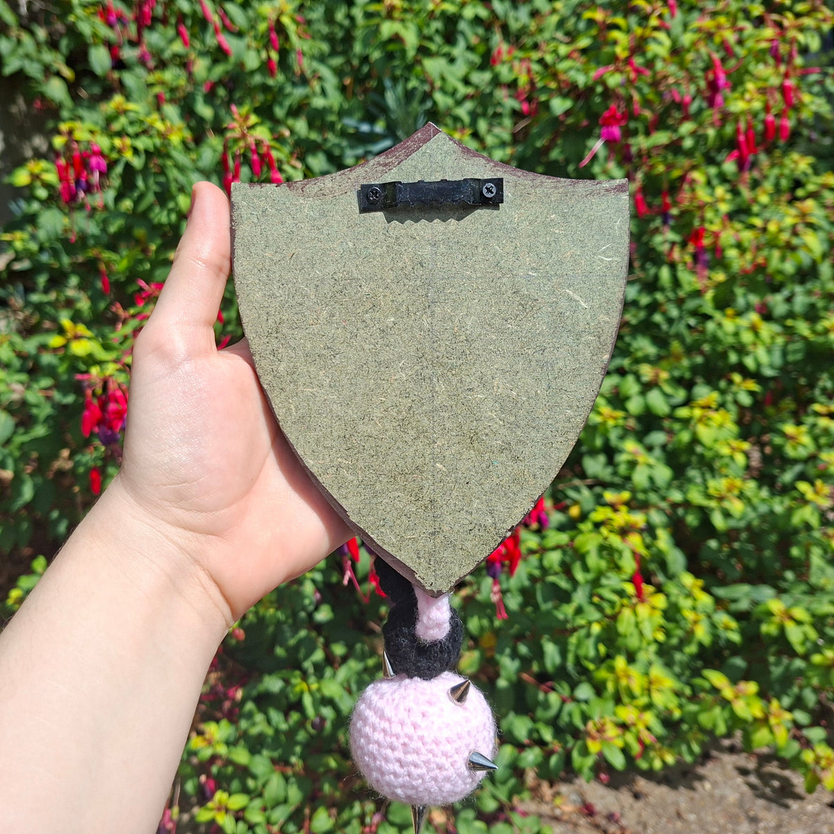 Crochet Mini Flail Mounted On a Shield Pink x Black