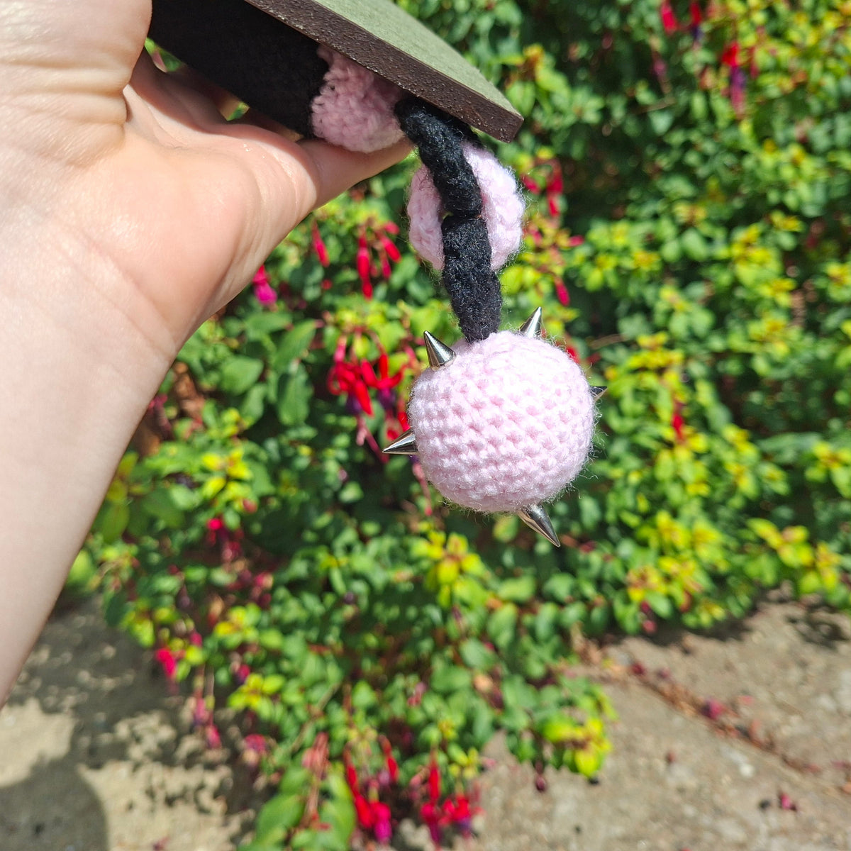 Crochet Mini Flail Mounted On a Shield Pink x Black