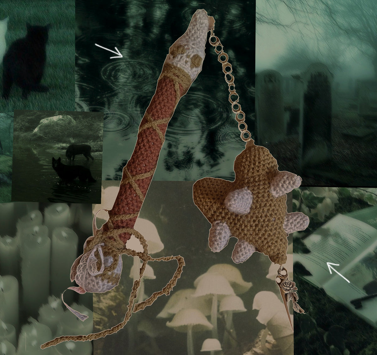 Crochet Heart Flail - 'Thorn heart'. Green & Grey Fae Theme Mounted