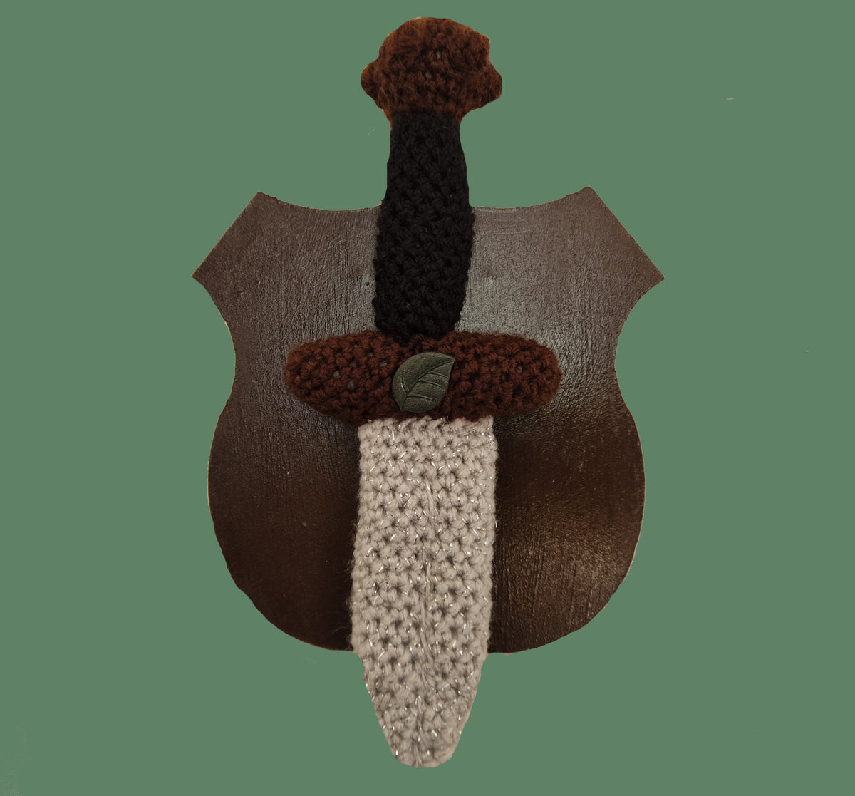 Crochet Mini Dagger Mounted On Shield With Leaf Button