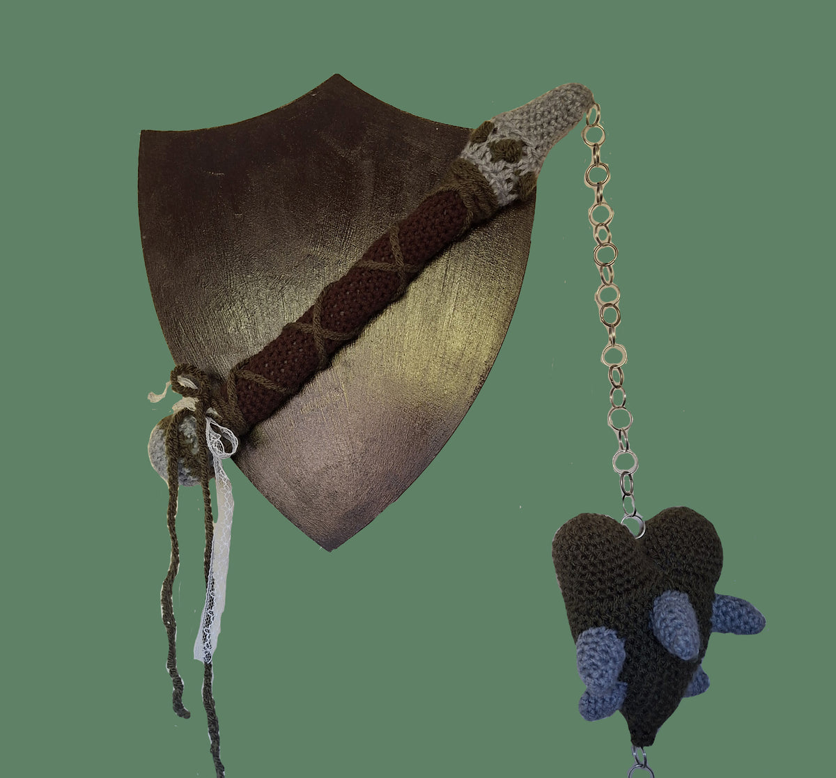 Crochet Heart Flail - 'Thorn heart'. Green & Grey Fae Theme Mounted