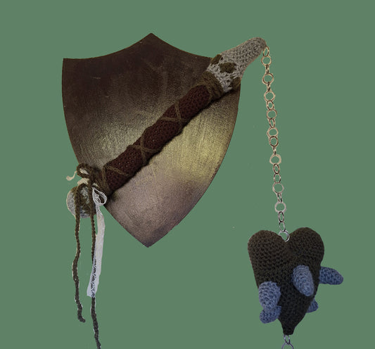Crochet Heart Flail - 'Thorn heart'. Green & Grey Fae Theme Mounted