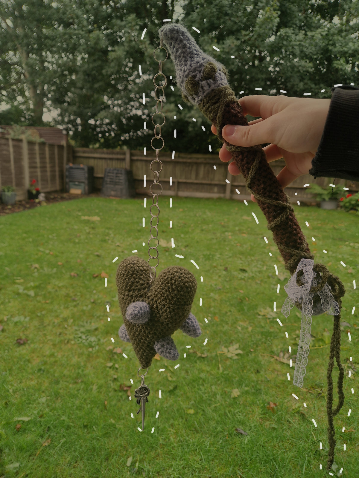 Crochet Heart Flail - 'Thorn heart'. Green & Grey Fae Theme Mounted